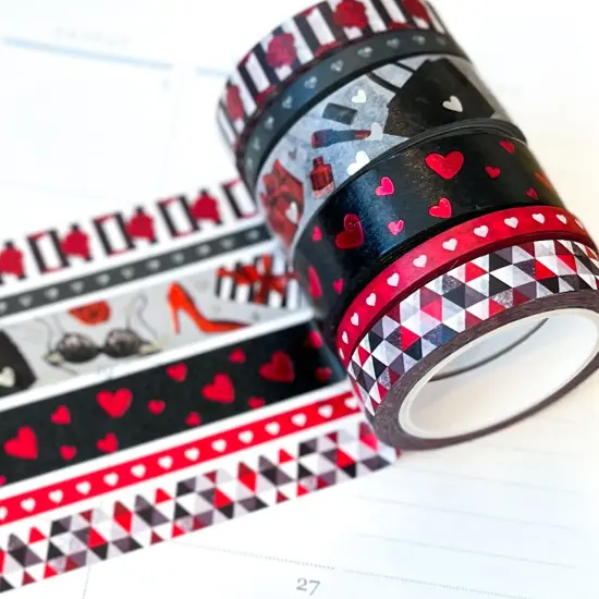 FOILED Valentine's Romantic Red & Black Hearts Bachelorette Washi Tape Set (#W050) {1}