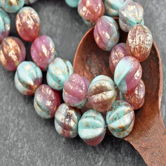 *15* 12mm Gold Washed Rose Pink & Turquoise Round Melon Beads {2}