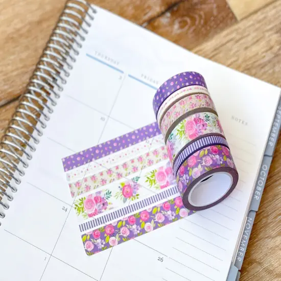 Purple Flowers & Stripes Spring Floral Washi Tape Set (#W046) {2}