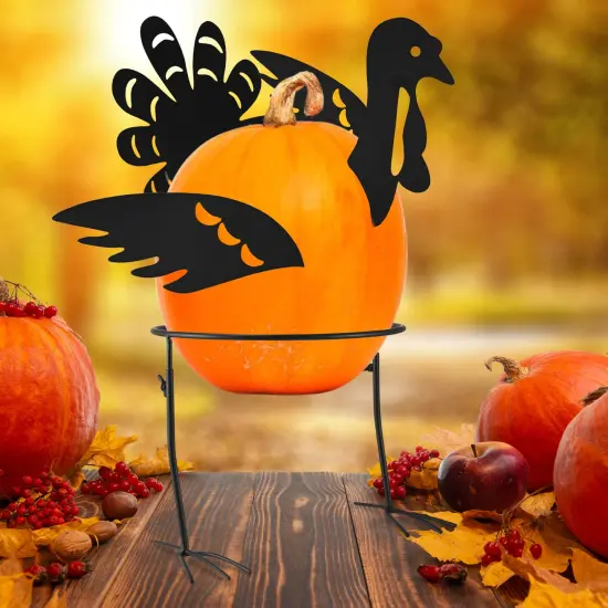 Ornativity Turkey Design Pumpkin Holder - Metal Outdoor Yard Ornament Thanksgiving Garden Decorative Autumn Porch Prop - 1 Set {3}