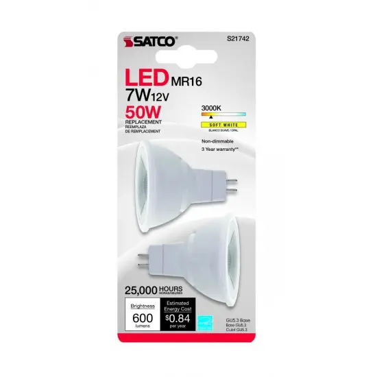 2Pk - Satco 7w MR16 LED 12v GU5.3 base 500Lm 3000k Warm White Bulbs {2}