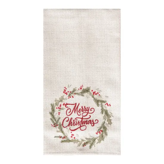 27" x 18" "Merry Christmas" Sentiment Holly Berry Winter Wreath Holiday Embellished Flour Sack Kitchen Dish Towel Decor {1}