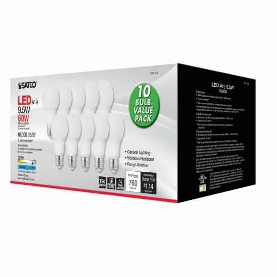 10Pk - Satco 9.5w 120v A19 LED Bulb Frosted E26 Medium Base 5000k - 60w-equiv {3}