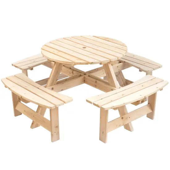 Wooden Outdoor Patio Garden Round Picnic Table with Bench, 8 Person Natural {1}