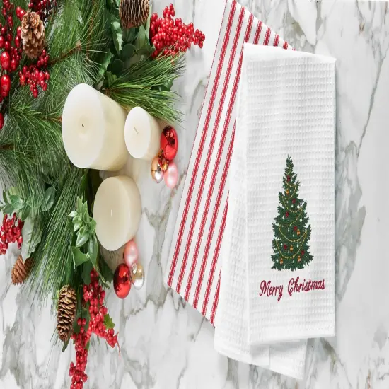 "Merry Christmas" Embroidered Cotton Waffle Weave Kitchen Dishtowel {4}