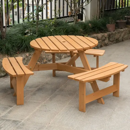 Wooden Outdoor Round Picnic Table with Bench for Patio, 6- Person with Umbrella Hole Stained {7}