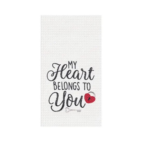 Valentine's Day "Heart Belongs To You" Embroidered Waffle Weave Kitchen Dishtowel {1}