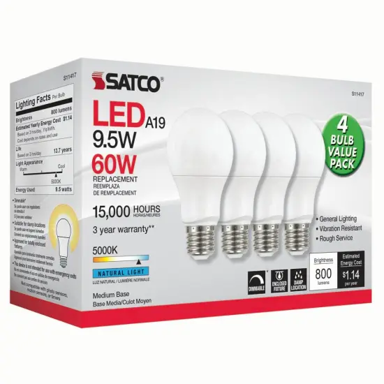 4Pk - Satco 9.5w 120v A19 LED Bulb E26 Base 5000k Natural Light - 60w-equiv {2}