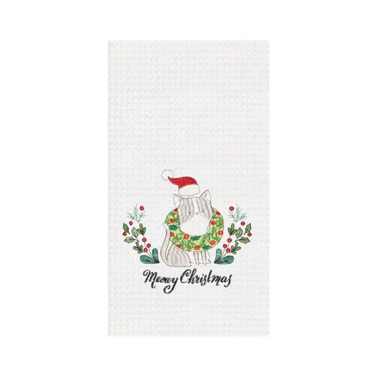 27" x 18" "Meowy Christmas" Sentiment Featuring Cat in Santa Hat Embroidered & Waffle Weave Kitchen Dish Towel {1}