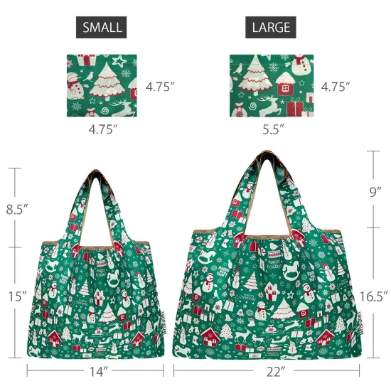 Wrapables Large & Small Foldable Tote Nylon Reusable Grocery Bags, Set of 2, Christmas Green {2}