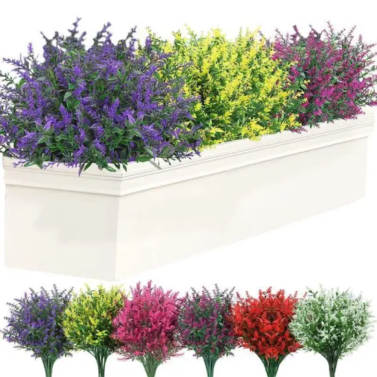 8 Bundles Artificial Plants, UV Resistant Greenery, Fake Shrubs, Outdoor Indoor Plants, Hanging Planter Home Garden Decor, Lavender Yellow {2}