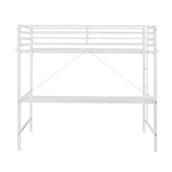 Emma and Oliver Jensen Metal Loft Bed Frame with Desk, Protective Guard Rails and Ladder for Kids, Teens and Adults White {4}