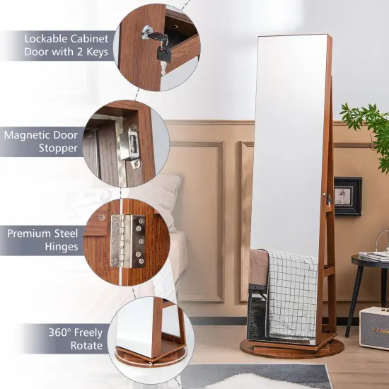 360 Degree Full Length Mirror Jewelry Armoire Cabinet with 3-Color LED Lights and Lockable Door Dark Brown {5}