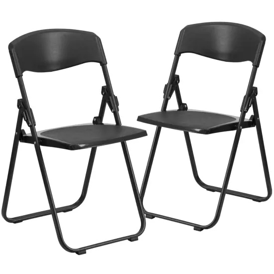 Emma and Oliver 2 Pack Commercial Event Plastic Folding Chair with Ganging Brackets Black {1}