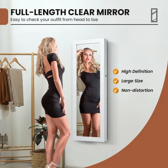 Lockable Wall Mount Mirrored Jewelry Cabinet with LED Lights White {5}