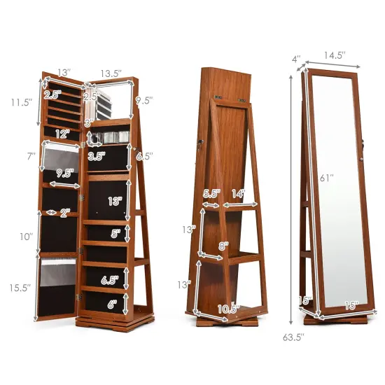 360&deg; Rotatable Armoire 2-in-1 Lockable Mirrored Jewelry Cabinet Brown {5}