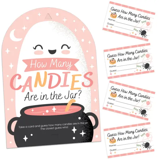 Big Dot of Happiness Pastel Halloween - How Many Candies Pink Pumpkin Party Game - 1 Stand and 40 Cards - Candy Guessing Game {1}