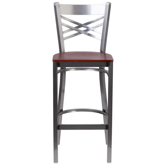 Emma and Oliver 2 Pack Clear Coated "X" Back Metal Restaurant Barstool BlackVYL/ClearCoated {7}