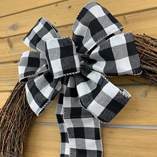 Buffalo Plaid Christmas Wreath Bow - 10" Wide, 18" Long Pre-Tied Bow, Black and White Checkers, Fall Decor, Door Decoration, Swag, Wreath, Garland, Boxing Day, Winter, Thanksgiving {2}