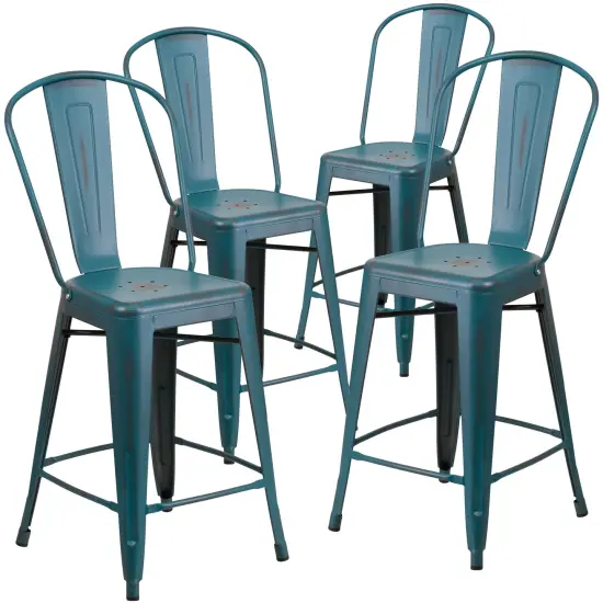 Emma and Oliver Commercial Grade 4 Pack 24" High Distressed Metal Indoor-Outdoor Counter Height Stool with Back Kelly Blue-Teal {1}