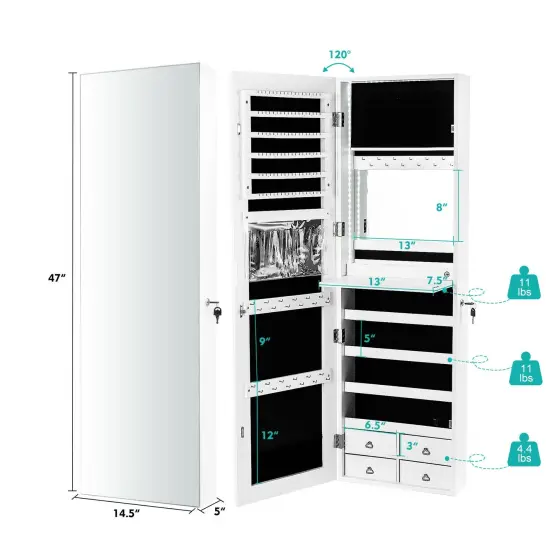 Multipurpose Storage Jewelry Cabinet with 4 Drawers and Full-length Mirror White {5}