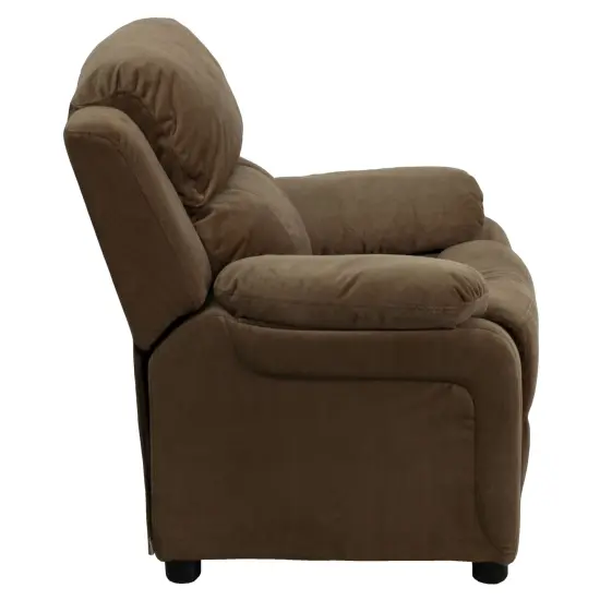 Emma and Oliver Deluxe Padded Contemporary Kids Recliner with Storage Arms Brown Microfiber {4}
