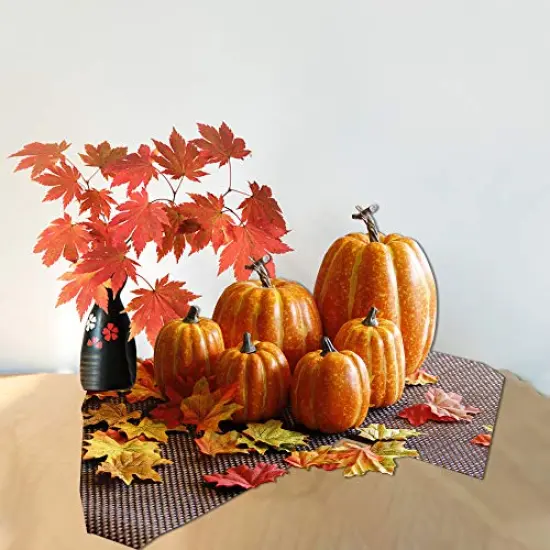 Thanksgiving Decorations Artificial Pumpkins, Realistic Foam Yellow Pumpkin with 100 pcs Maple Leaves Made of Cloth, Fall Decorations for Home Kitchen Table Indoor Outdoor {3}