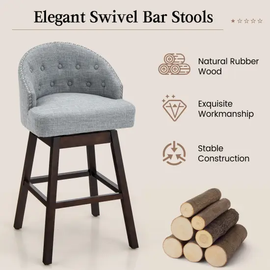 Set of 2 Swivel Bar Stools Tufted Bar Height Pub Chairs with Rubber Wood Legs Grey {6}