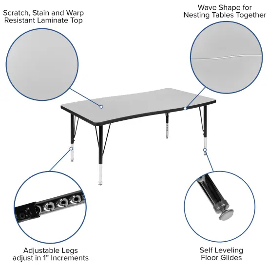 Emma and Oliver 3 Piece 76" Oval Wave Collaborative Grey Kids Adjustable Activity Table Set {4}