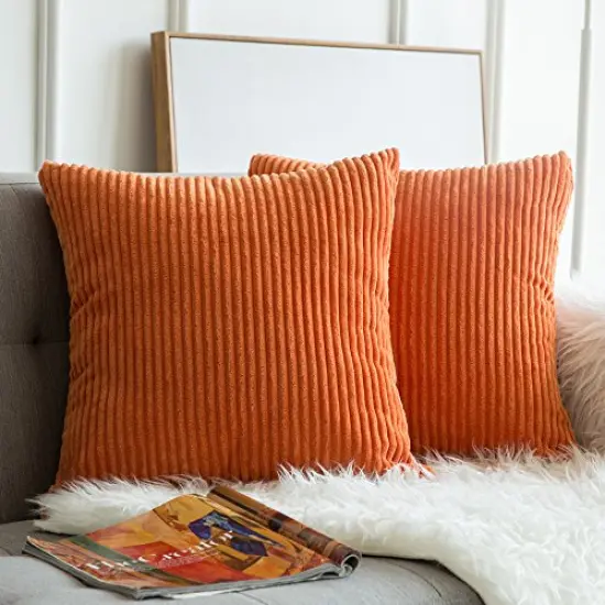 MIULEE Pack of 2 Fall Orange Pillow Covers 16x16 Inch Soft Boho Striped Corduroy Throw Pillow Covers Set Decorative Square Cushion Cases Pillowcases for Sofa Bedroom Couch {1}