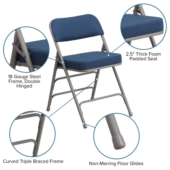 Emma and Oliver 4 Pack Premium Curved Triple Braced & Hinged Fabric Upholstered Metal Folding Chair Navy {2}
