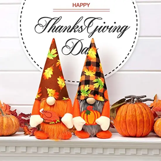 Ndeno 2PCS Thanksgiving Gnome Plush Decorations, Fall ThanksgivingHandmade Scandinavian Tomte - Autumn Pumpkins Home Tabletop Elf Gnomes Decor Ornaments - Lucky Swedish Gift (Harvest Festival), 01 {2}