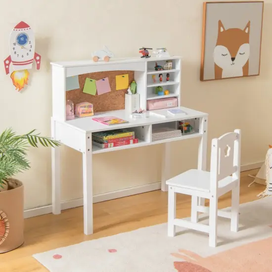 Kids Wooden Desk and Chair Set with 4-tier Storage Shelves and 2 Open Drawers White {5}