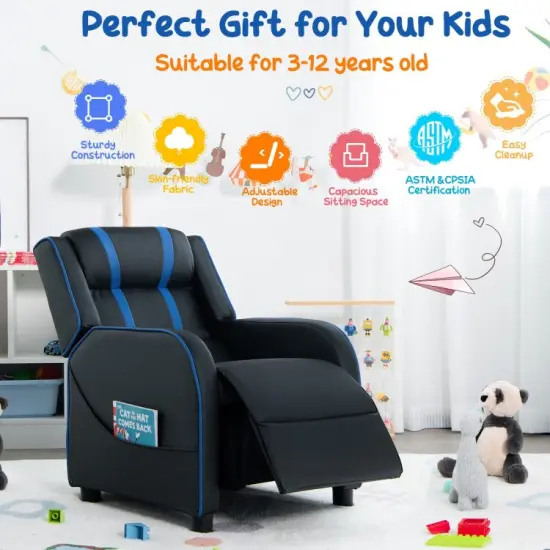 Kids Recliner Chair with Side Pockets and Footrest Blue {6}