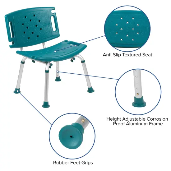 Emma and Oliver Tool-Free 300 Lb. Capacity, Adjustable Bath & Shower Chair with Large Back Teal {2}
