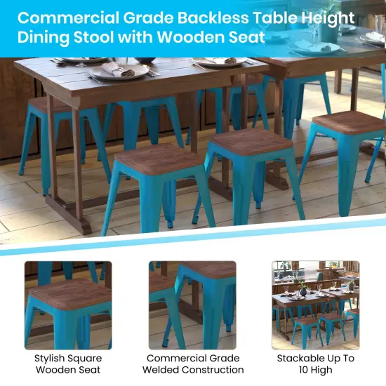 Emma and Oliver Set of Four Table Height Backless Stacking Welded Iron Stools with Wooden Seats and Under Seat Bracing for Indoor Use Teal {2}