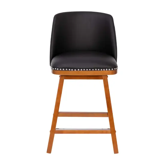 Emma and Oliver Jada Upholstered Mid-Back Stools with Nailhead Accent Trim & Wood Frames BlackLeaSoft/Walnut {3}