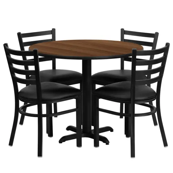 Emma and Oliver 36" Round Laminate X-Base Table Set with 4 Ladder Back Chairs MahoganyTop/BlackVYL {3}