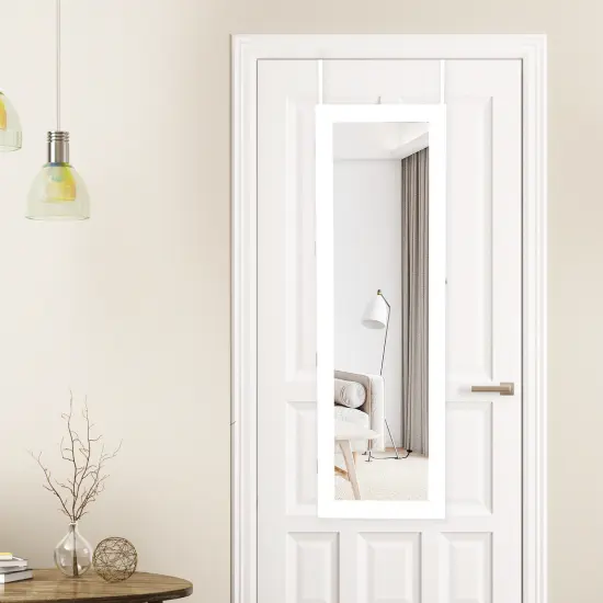 Lockable Wall Door Mounted Mirror Jewelry Cabinet with LED Lights White {2}