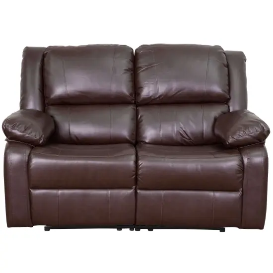 Emma and Oliver Bustle Back Loveseat with Two Built-In Recliners Brown LeatherSoft {3}