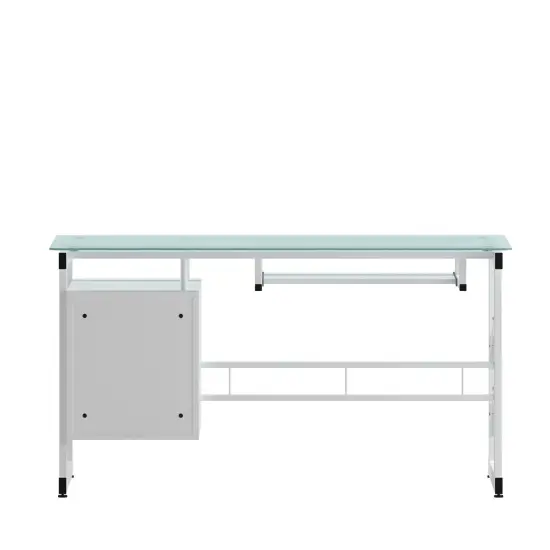 Emma and Oliver White Computer Desk with Frosted Glass Top and Three Drawer Pedestal Frosted/White {4}