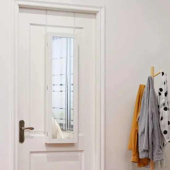 Full Length Mirror Jewelry Cabinet with Ring Slots and Necklace Hooks White {2}