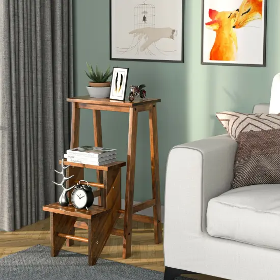 3-in-1 Rubber Wood 3 Tier Folding Step Stool Ladder Storage Shelf Coffee {3}