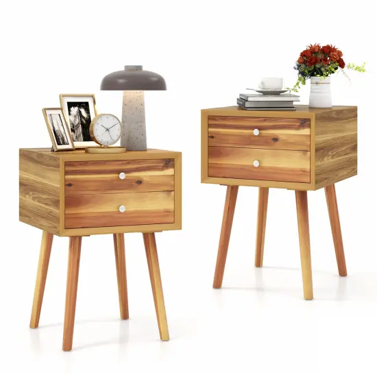 23.5 Inch Nightstand End Side Table with 2 Storage Drawers and Rubber Wood Legs Natural {5}