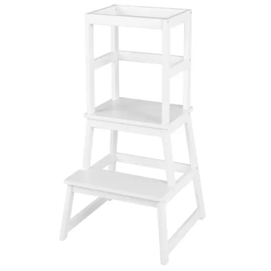 2-in-1 Multifunctional Wooden Kids Step Stool with Safety Guardrail and Wide Platform White {3}