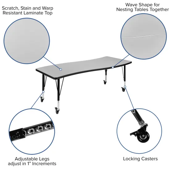 Emma and Oliver 3PC Mobile 86" Oval Wave Collaborative Grey Kids Adjustable Activity Table Set {4}