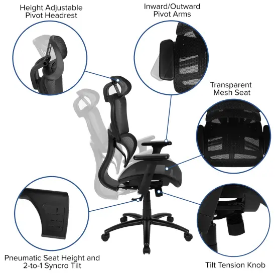 Emma and Oliver Ergonomic Mesh Office Chair-Synchro-Tilt, Headrest, Adjustable Pivot Arms Black {2}