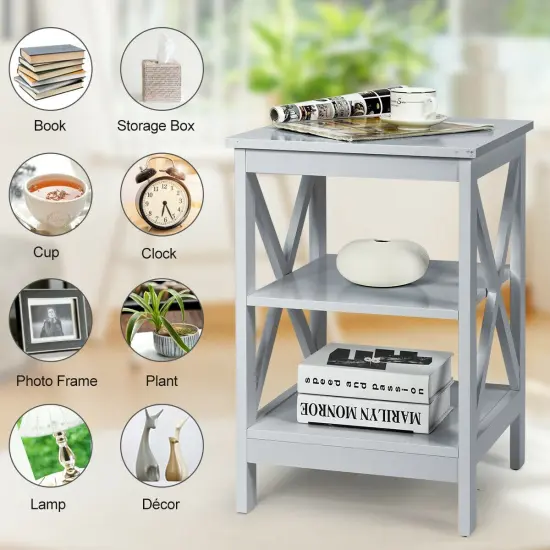 Multi-Functional Side Table with 3 Tier Storage Compartment and X-Shaped Side Design Grey {3}