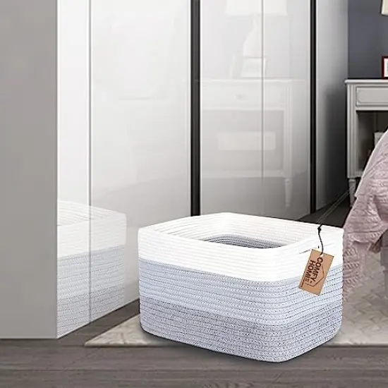 COMFY-HOMI Cotton Rope Woven Basket With Handles for Shelves, Toy, Book, Cloth Storage Basket for Organizing|NEW 13.5" x 11" x 9.5" Decorative Nursery Cube Bin for Living Room(White/3-Tone Grey) {6}