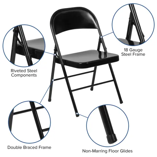 Emma and Oliver 2 Pack Home & Office Double Braced Party Events Steel Metal Folding Chair Black {3}